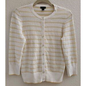 Ann Taylor Loft Yellow & Ivory Round Neck Long Sleeve Button Up Sweater sz M